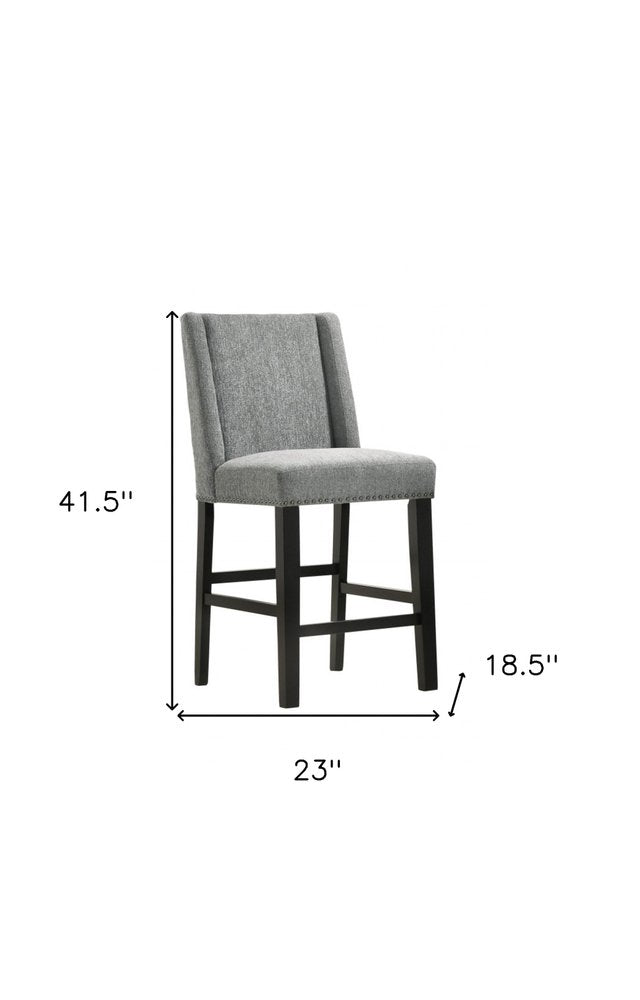 Set of Two 42" Charcoal And Espresso Fabric And Solid Wood Bar Chairs on a white background