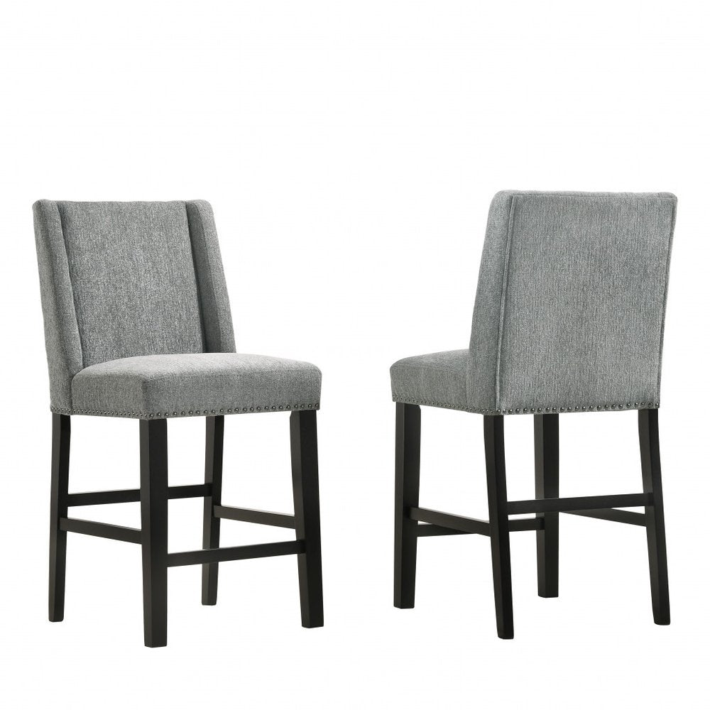 Set of Two 42" Charcoal And Espresso Fabric And Solid Wood Bar Chairs on a white background