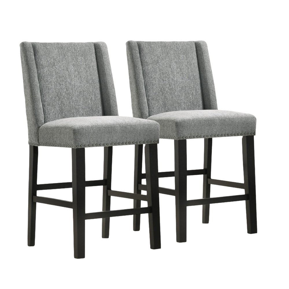 Set of Two 42" Charcoal And Espresso Fabric And Solid Wood Bar Chairs on a white background