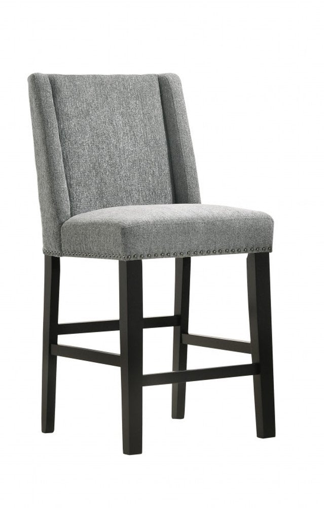 Set of Two 42" Charcoal And Espresso Fabric And Solid Wood Bar Chairs on a white background
