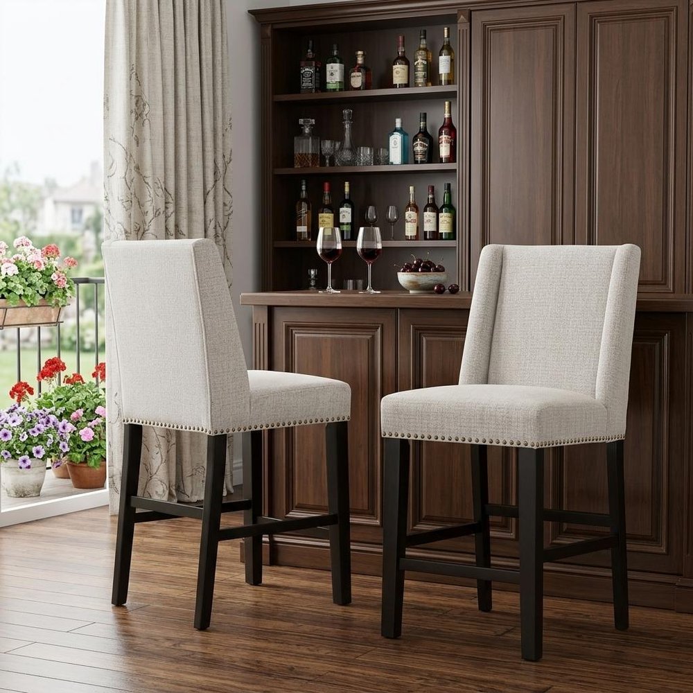 Set of Two 42" Fawn and Espresso Iron Bar Chairs