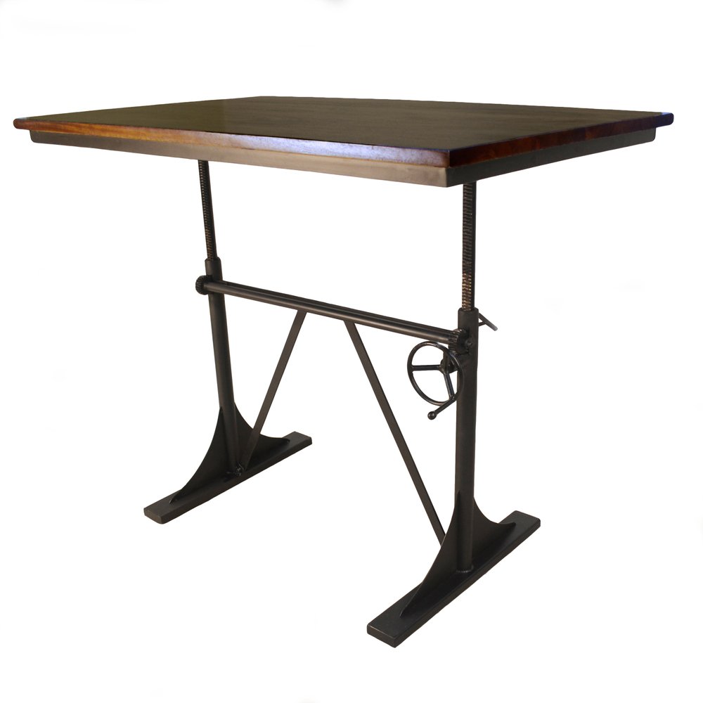 Adjustable height writing desk with a brown solid wood top and black iron base on a white background.