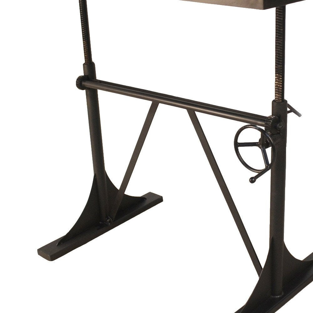 Adjustable Height Brown and Black Solid Wood and Iron Writing Desk on a white background