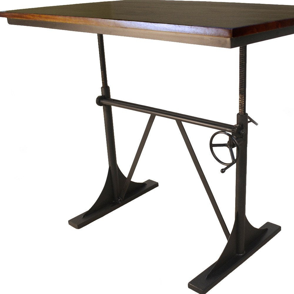 Adjustable Height Brown and Black Solid Wood and Iron Writing Desk on a white background