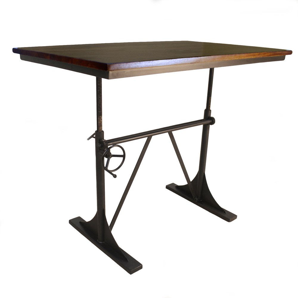 Adjustable Height Brown and Black Solid Wood and Iron Writing Desk on a white background