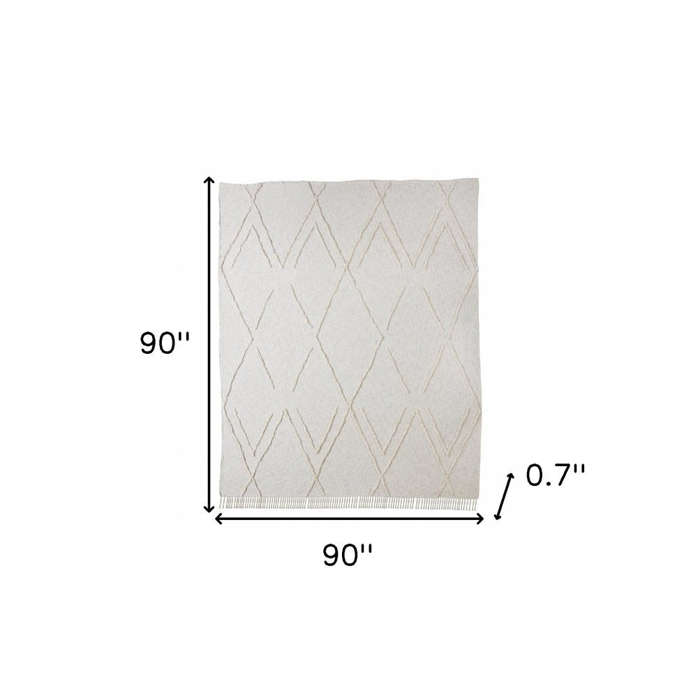 Ivory Geometric Queen Cotton Coverlet With Fringe on a white background