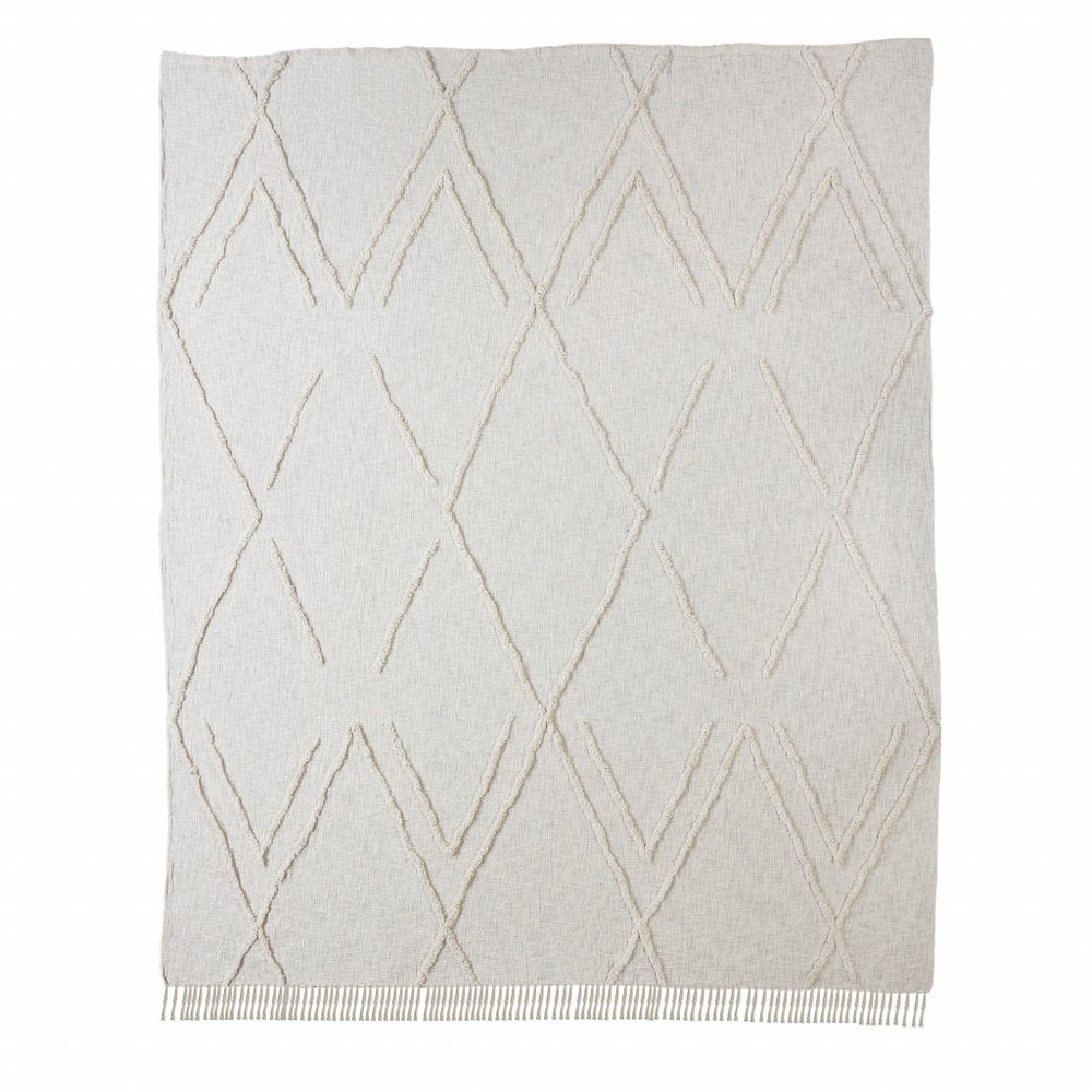 Ivory Geometric Queen Cotton Coverlet With Fringe on a white background