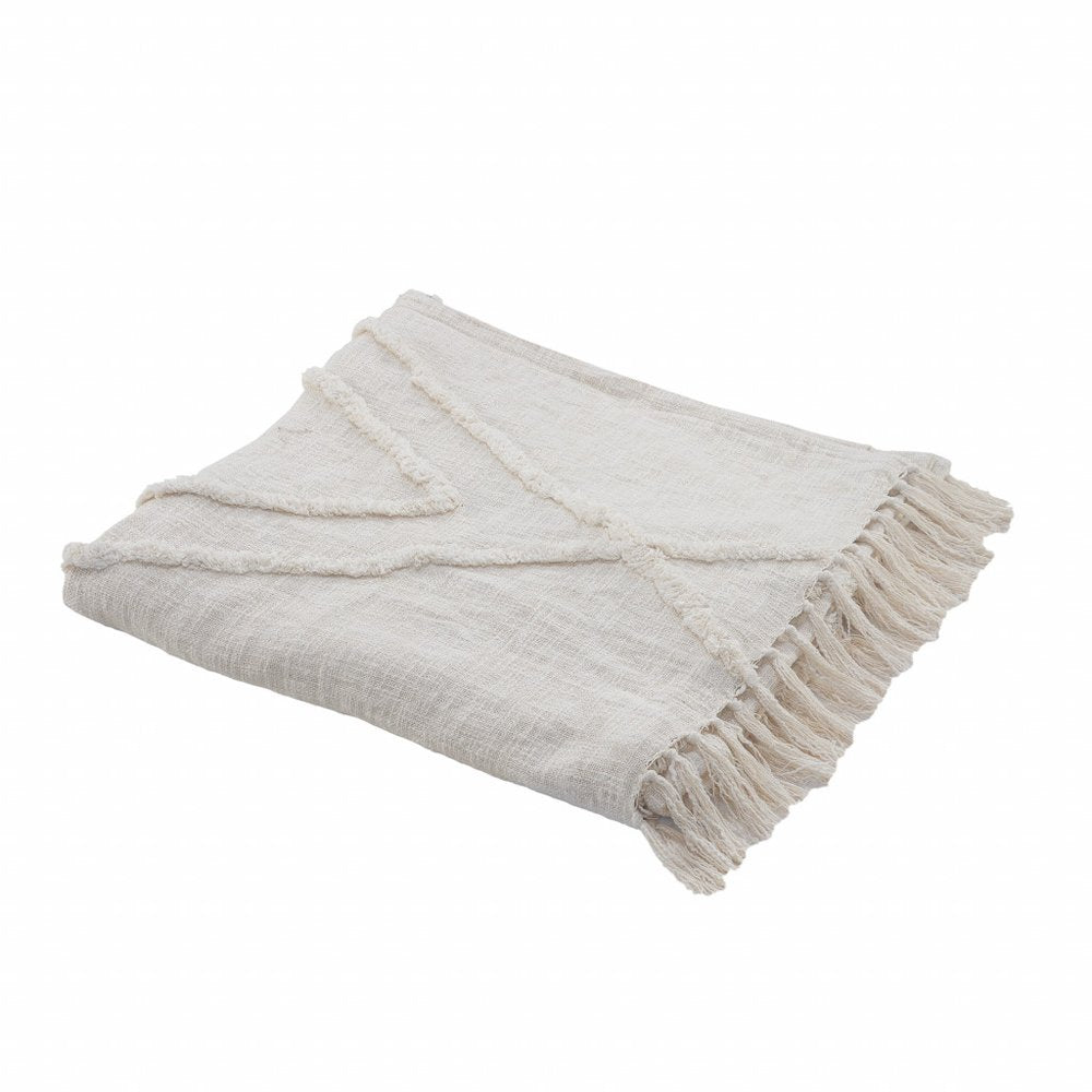 Ivory Geometric Queen Cotton Coverlet With Fringe on a white background