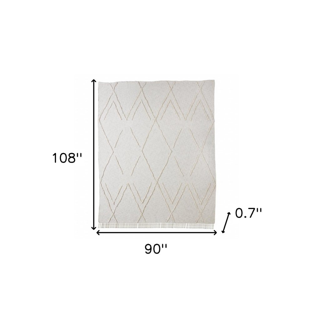 Ivory Geometric Queen Cotton Coverlet With Fringe on a white background