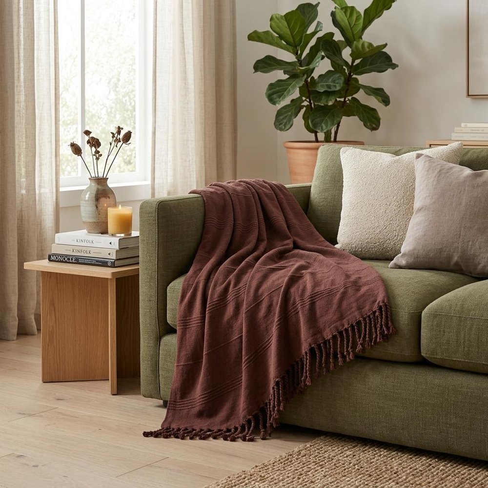 Red Woven Cotton Striped Throw Blanket in a home interior