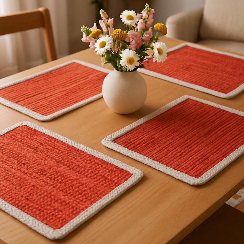 19" Set of Four Orange And Natural Solid With Border Cotton Placemats. Dining linen in tan linen.