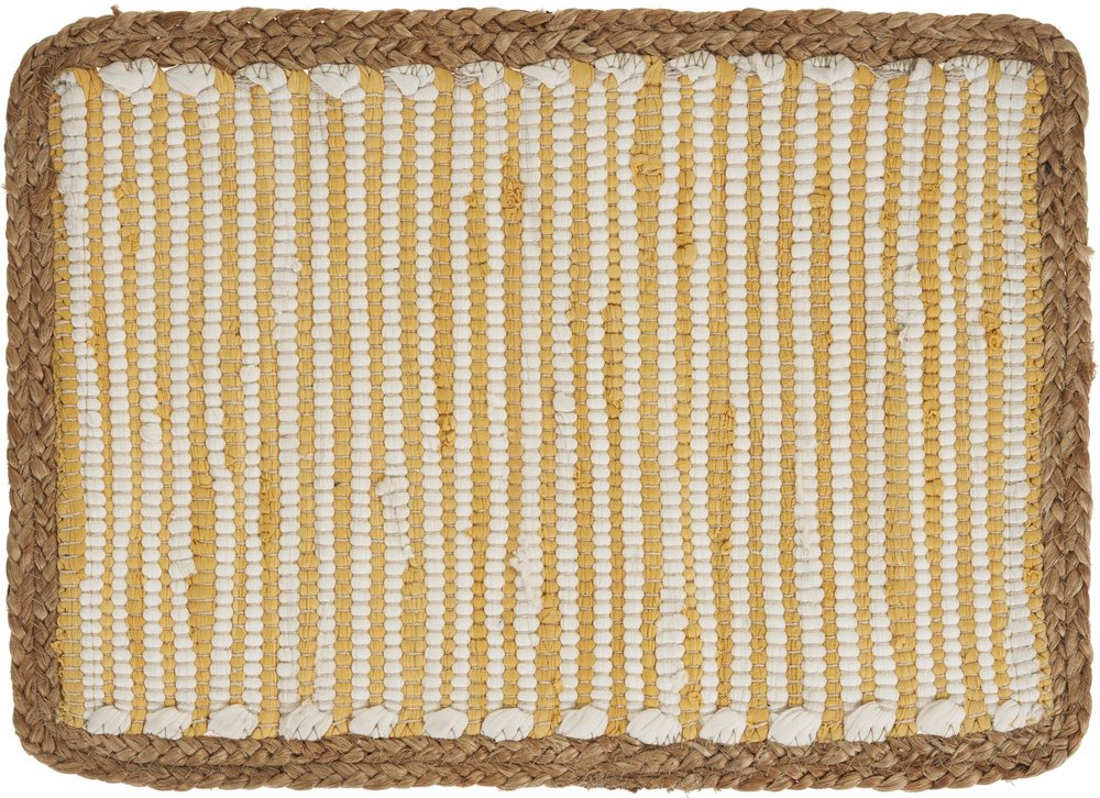 Cream, yellow, and natural striped cotton and jute placemat with braided jute border.