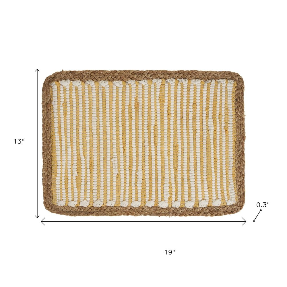 19" Set of Four Cream Yellow And Natural Striped Cotton And Jute Placemats. Dining linen isolated on a plain white background, showing a cream linen surface.