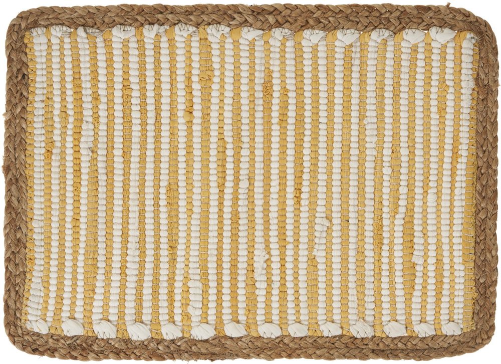 19" Set of Four Cream Yellow And Natural Striped Cotton And Jute Placemats. Dining linen in cream linen.