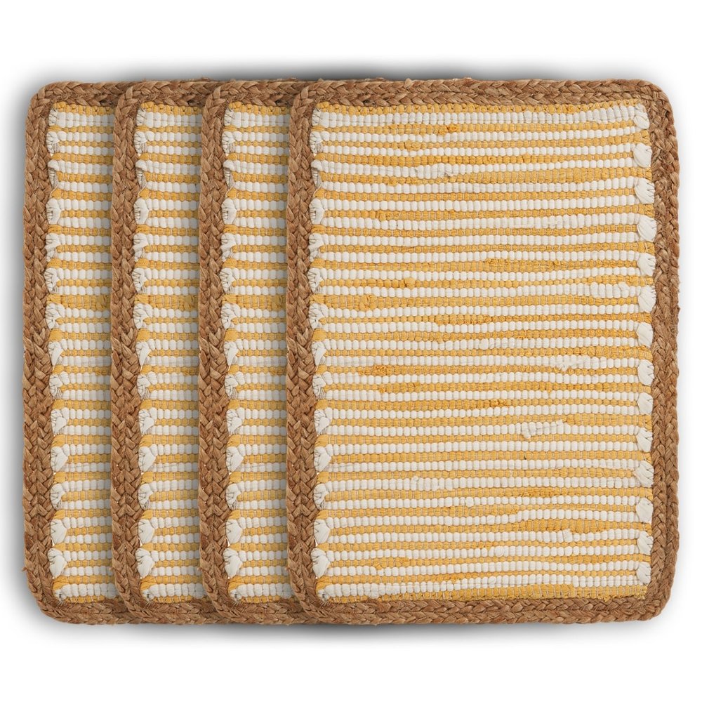 19" Set of Four Cream Yellow And Natural Striped Cotton And Jute Placemats. Dining linen isolated on a plain white background, in a cream linen finish.