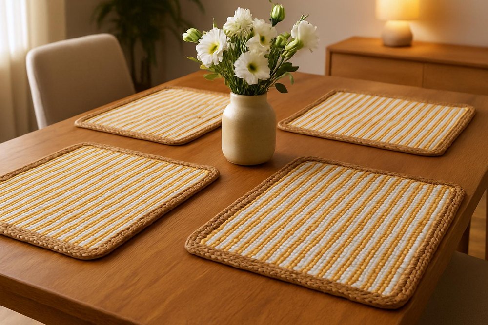 19" Set of Four Cream Yellow And Natural Striped Cotton And Jute Placemats. Dining linen in cream linen.