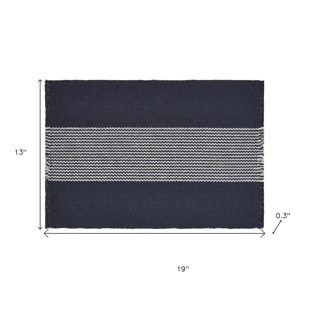 19" Set of Four Navy Blue And White Striped Cotton Placemats. Dining linen isolated on a plain white background, showing a navy linen surface.