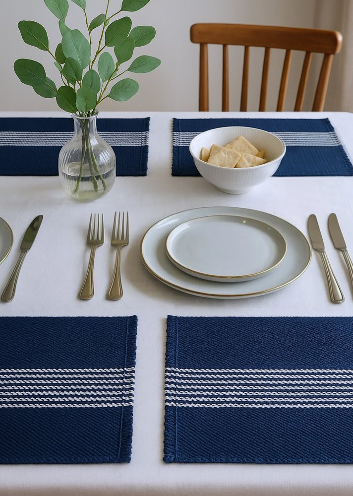 19" Set of Four Navy Blue And White Striped Cotton Placemats styled in a furnished interior with a light gray wall on a navy floor.