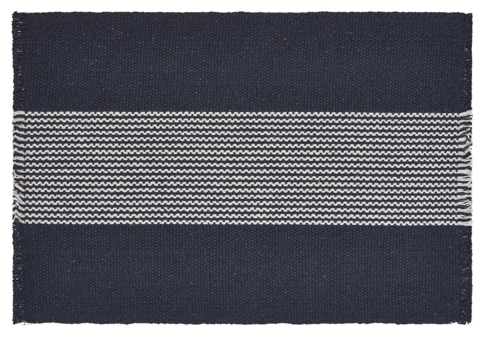 19" Set of Four Navy Blue And White Striped Cotton Placemats. Dining linen isolated on a plain white background, showing a navy linen surface.