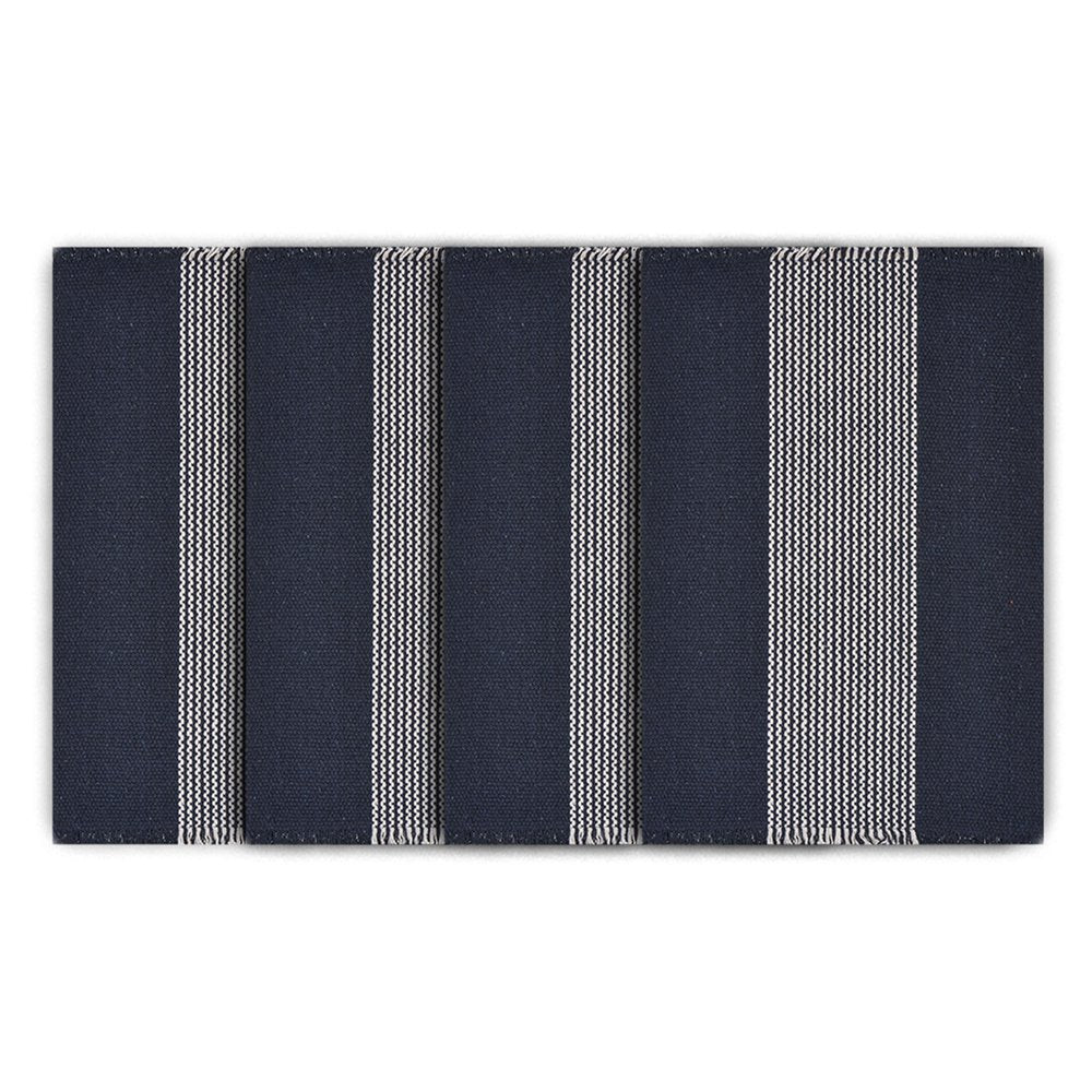 19" Set of Four Navy Blue And White Striped Cotton Placemats. Dining linen isolated on a plain white background, finished in navy linen.