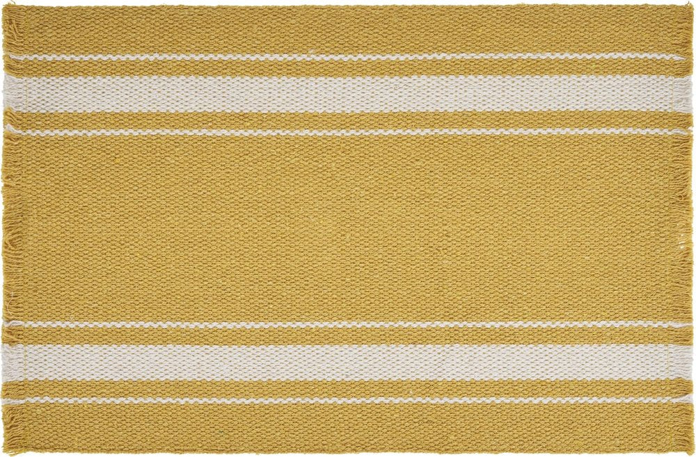 Yellow and white striped cotton placemats with fringed edges.