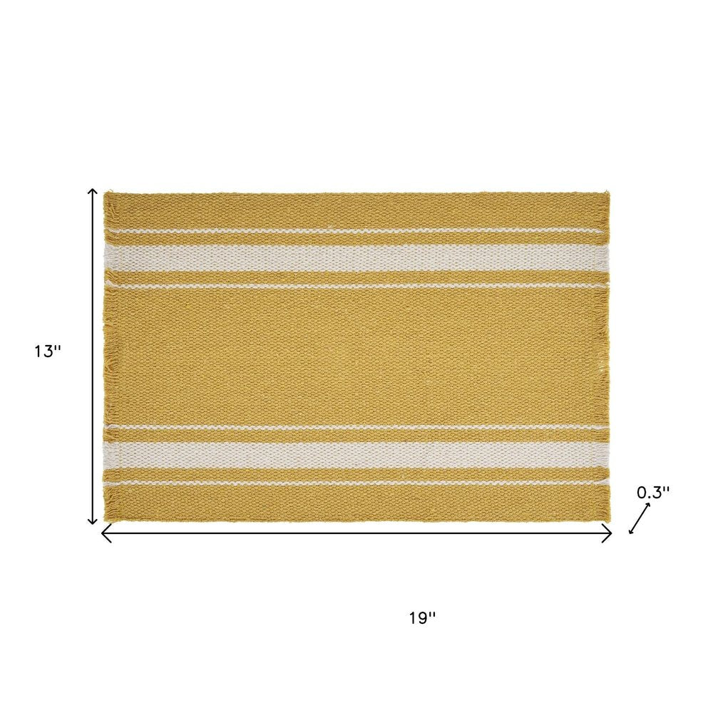 19" Set of Four Yellow And White Striped Cotton Placemats. Dining linen isolated on a plain white background, in a white linen finish.