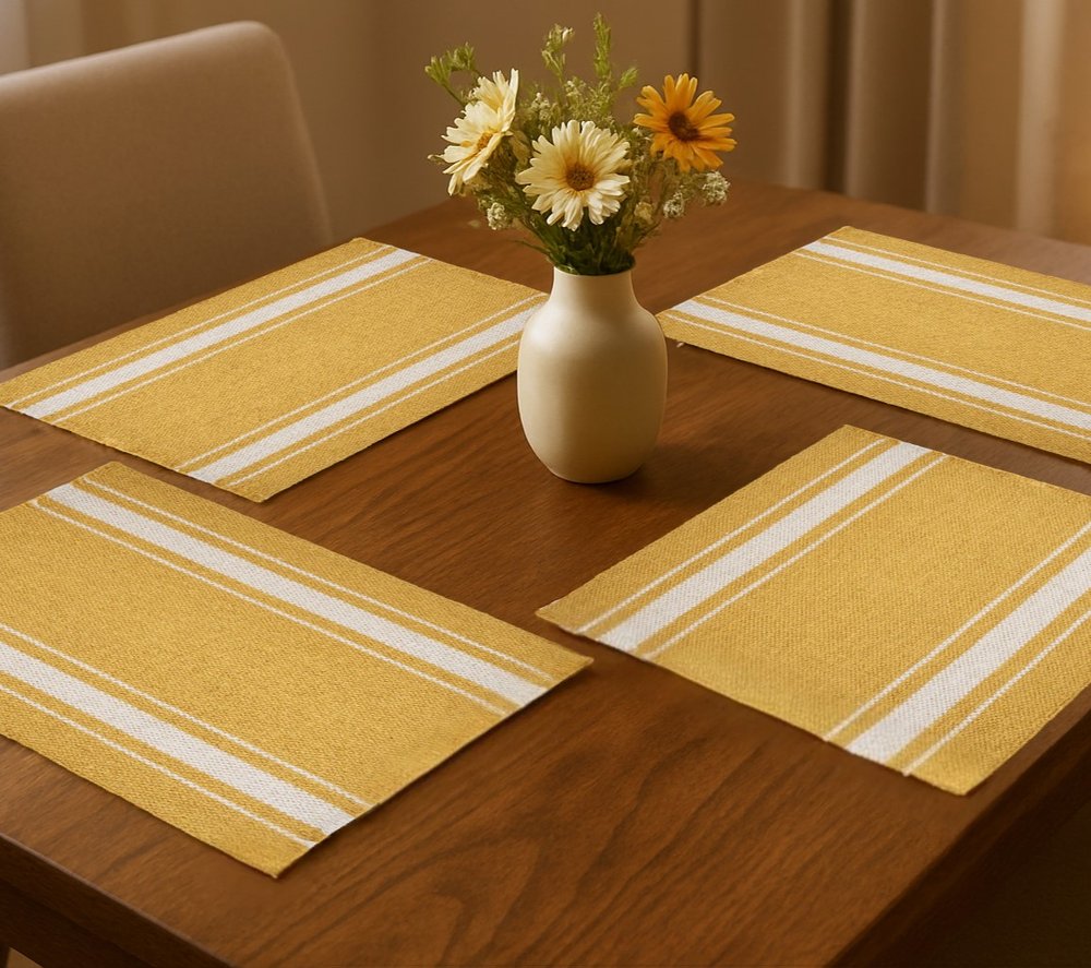 19" Set of Four Yellow And White Striped Cotton Placemats. Dining linen in yellow linen.