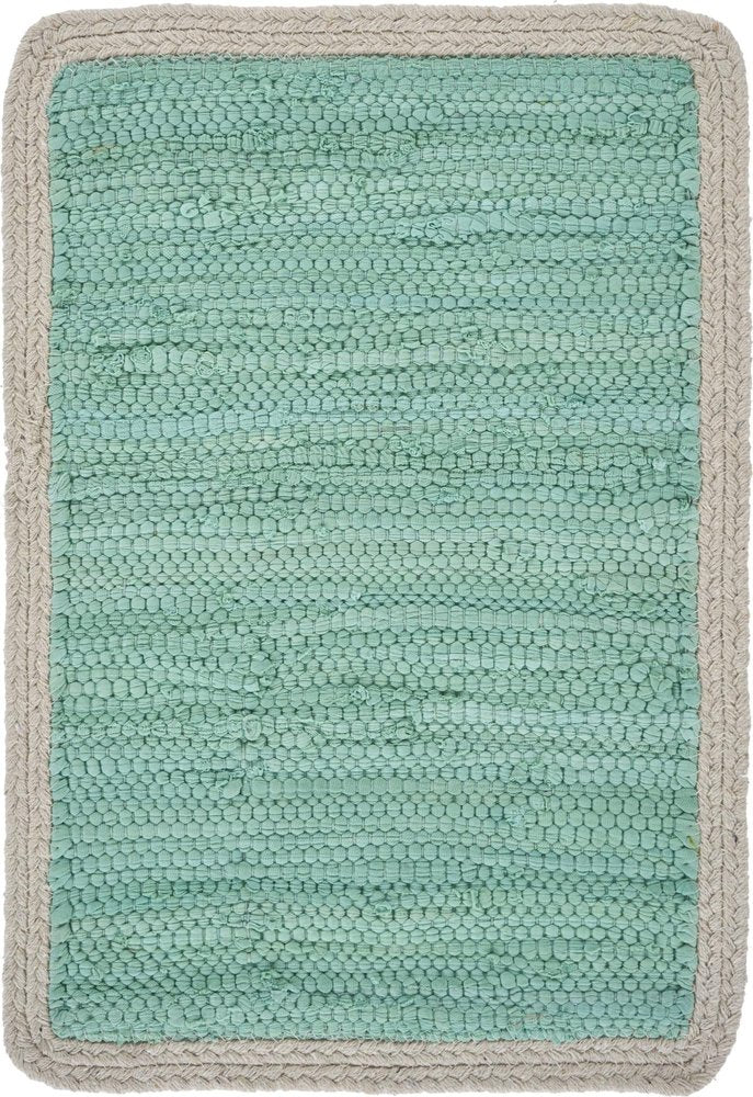 19" Set of Four Turquoise and Natural Solid With Border Cotton Placemats. Dining linen isolated on a plain white background, showing a linen surface.