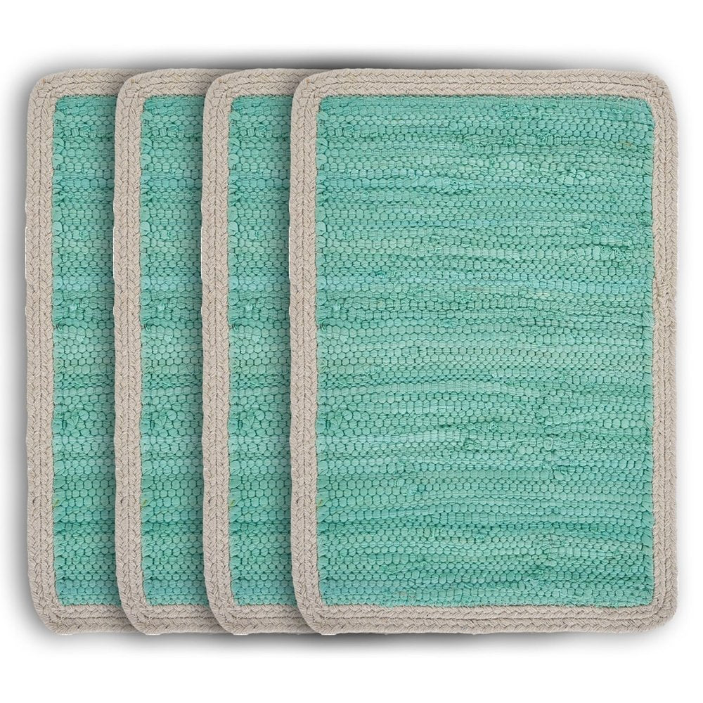 19" Set of Four Turquoise and Natural Solid With Border Cotton Placemats