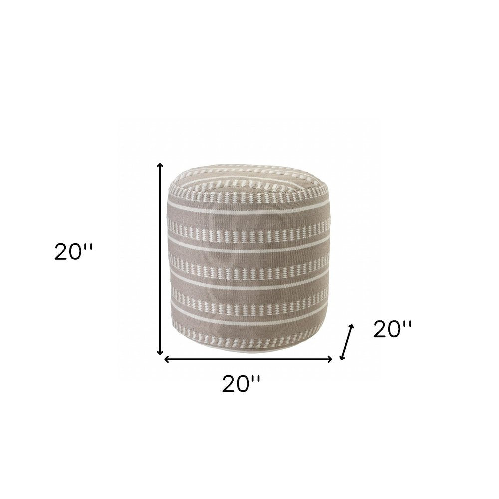 20" Green Polyester Round Striped Indoor Outdoor Pouf Ottoman. Outdoor ottoman isolated on a plain white background, showing a fabric surface.