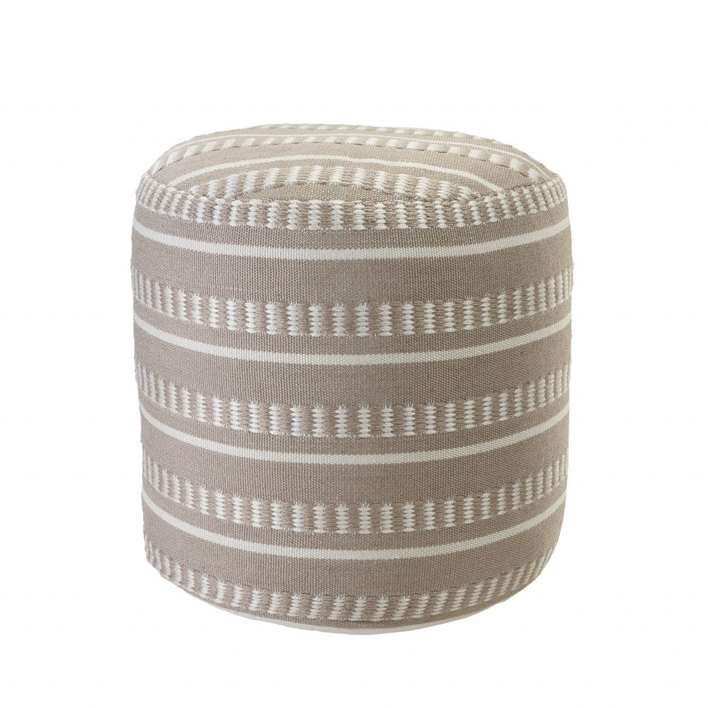 20" Green Polyester Round Striped Indoor Outdoor Pouf Ottoman. Outdoor ottoman isolated on a plain white background, showing a fabric surface.