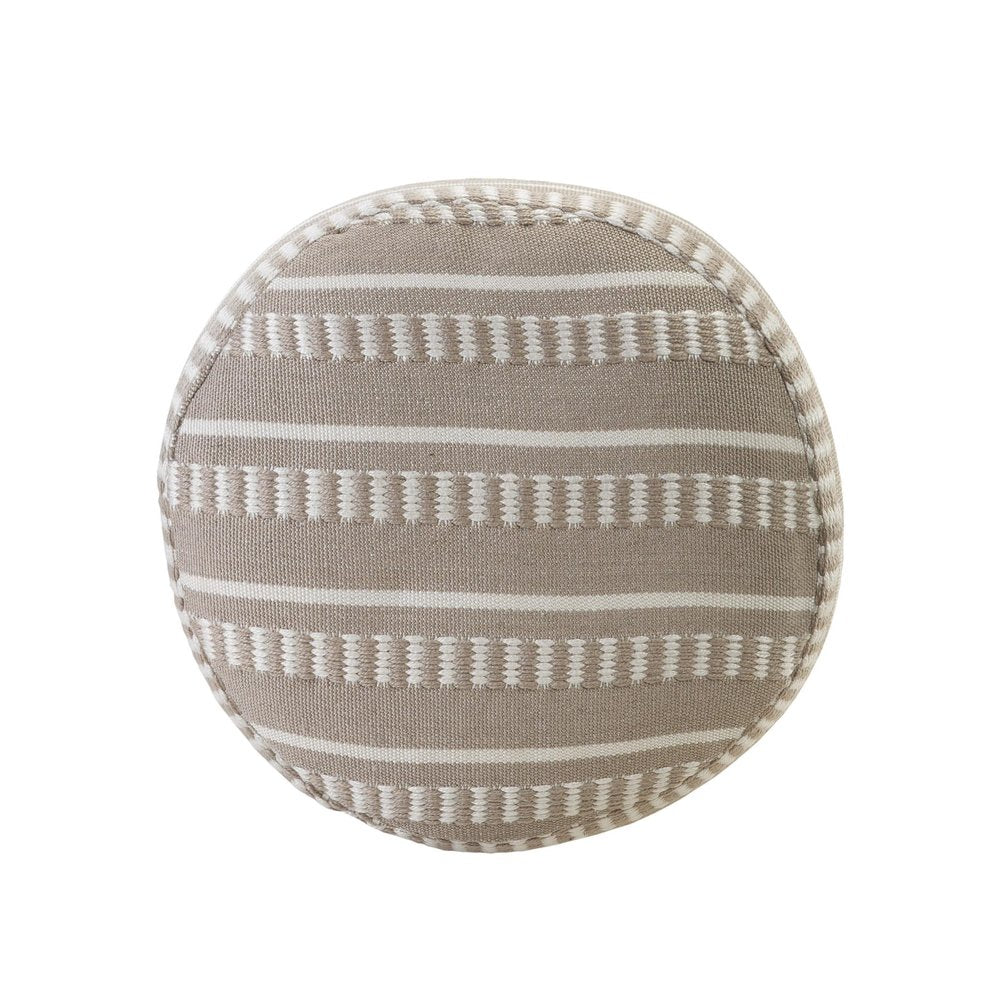 20" Green Polyester Round Striped Indoor Outdoor Pouf Ottoman. Outdoor ottoman isolated on a plain white background, showing a fabric surface.