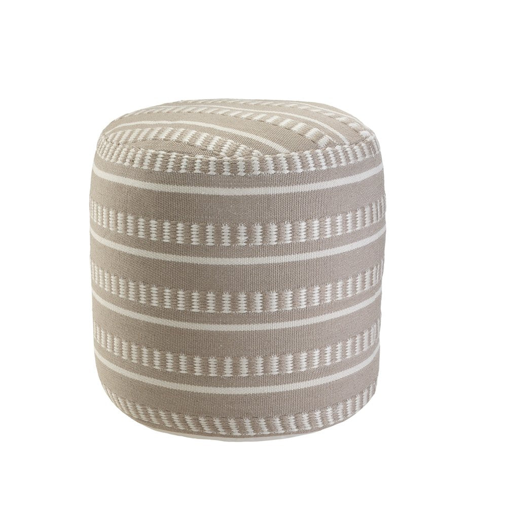 20" Green Polyester Round Striped Indoor Outdoor Pouf Ottoman. Outdoor ottoman isolated on a plain white background, showing a fabric surface.