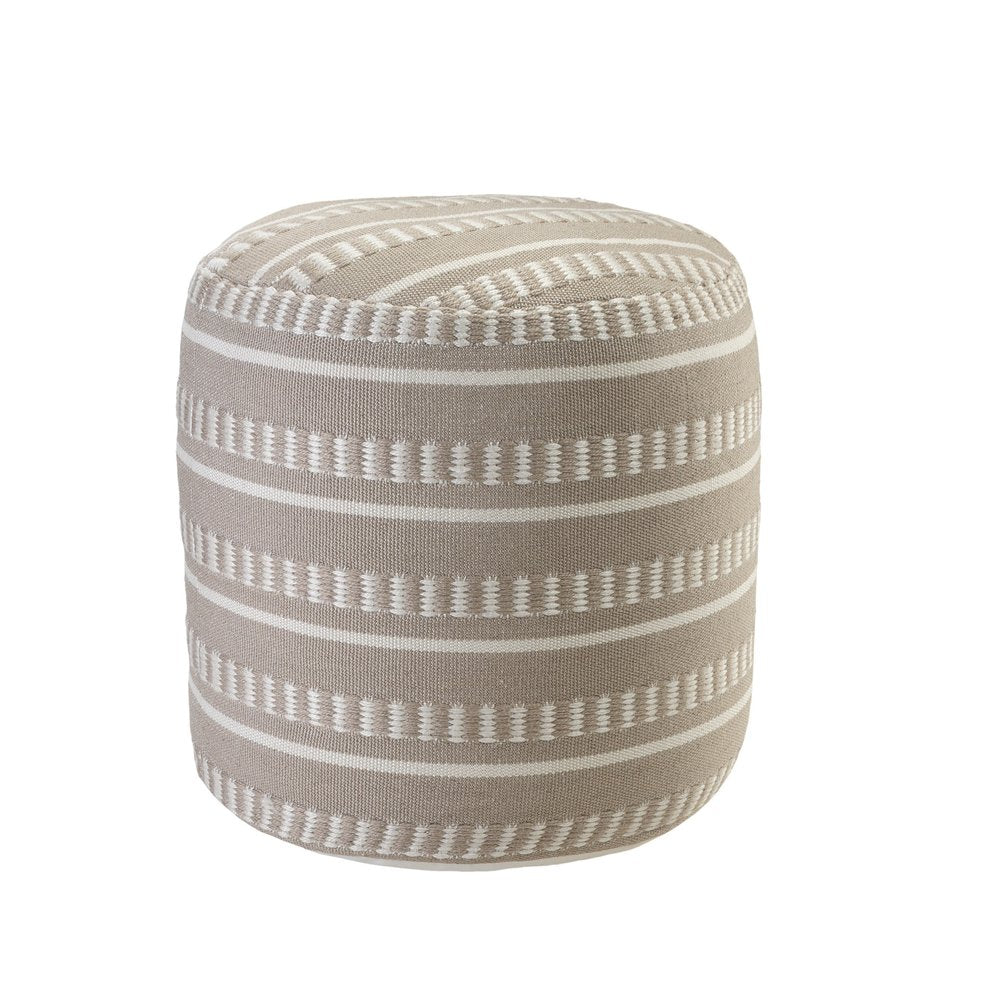 20" Green Polyester Round Striped Indoor Outdoor Pouf Ottoman. Outdoor ottoman isolated on a plain white background, showing a fabric surface.