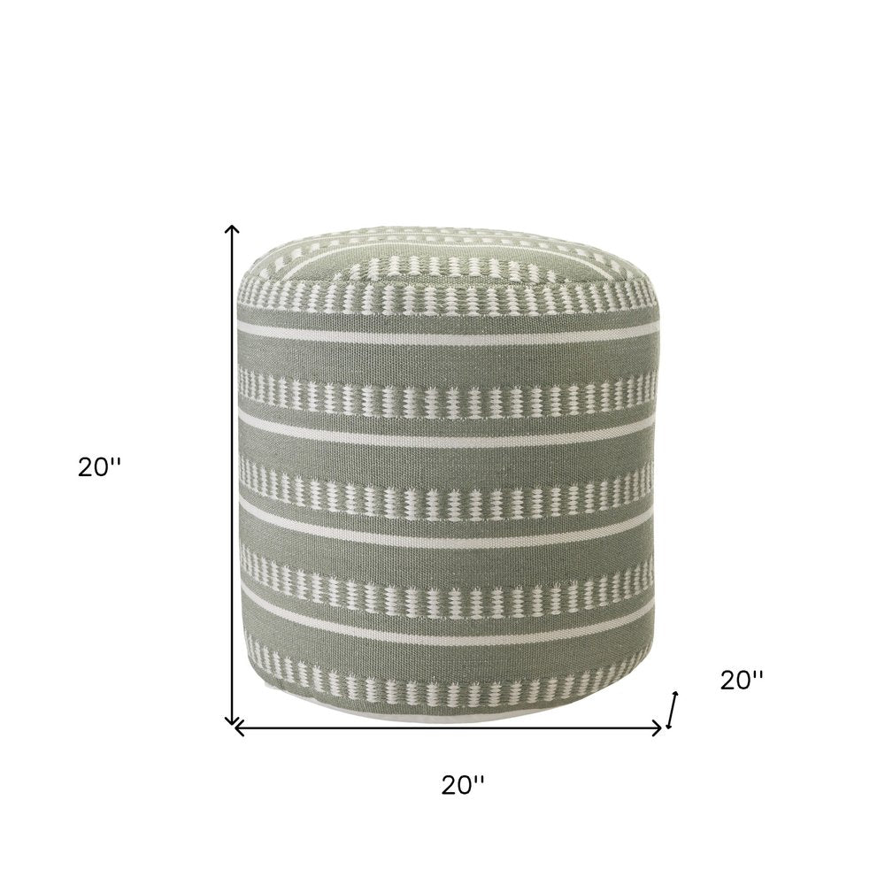 20" Green Polyester Round Striped Indoor Outdoor Pouf Ottoman. Outdoor ottoman isolated on a plain white background, finished in green fabric.