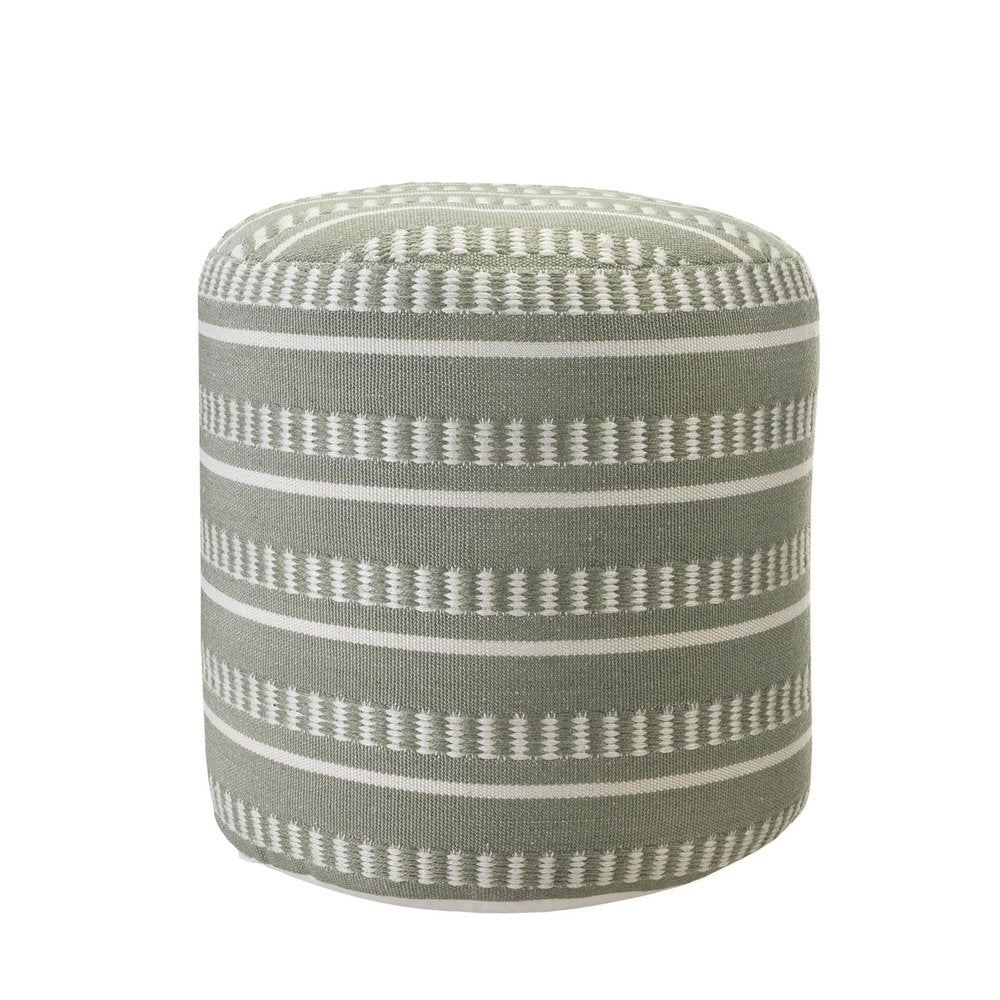 20" Green Polyester Round Striped Indoor Outdoor Pouf Ottoman. Outdoor ottoman isolated on a plain white background, showing a green fabric surface.