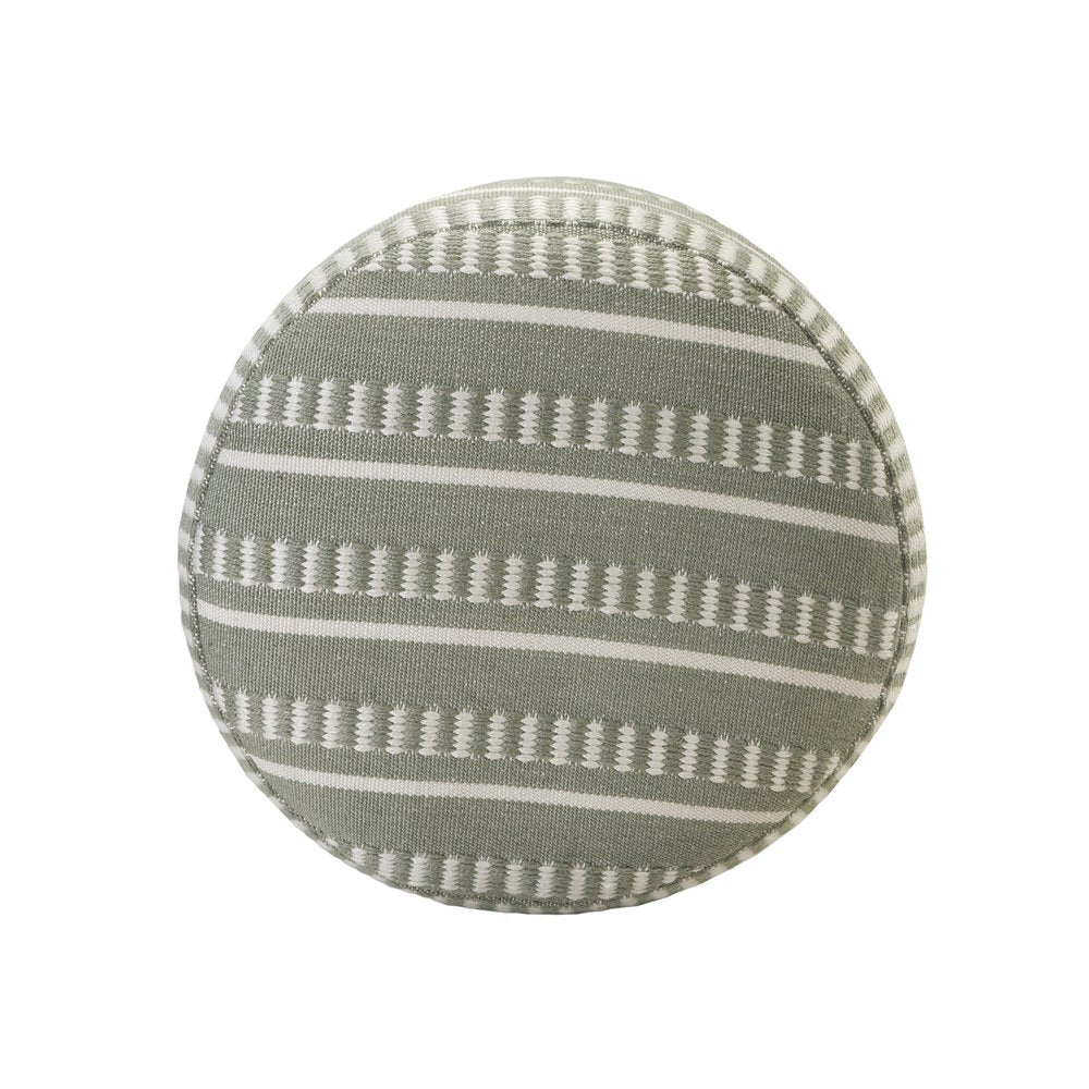 20" Green Polyester Round Striped Indoor Outdoor Pouf Ottoman. Outdoor ottoman isolated on a plain white background, showing a green fabric surface.