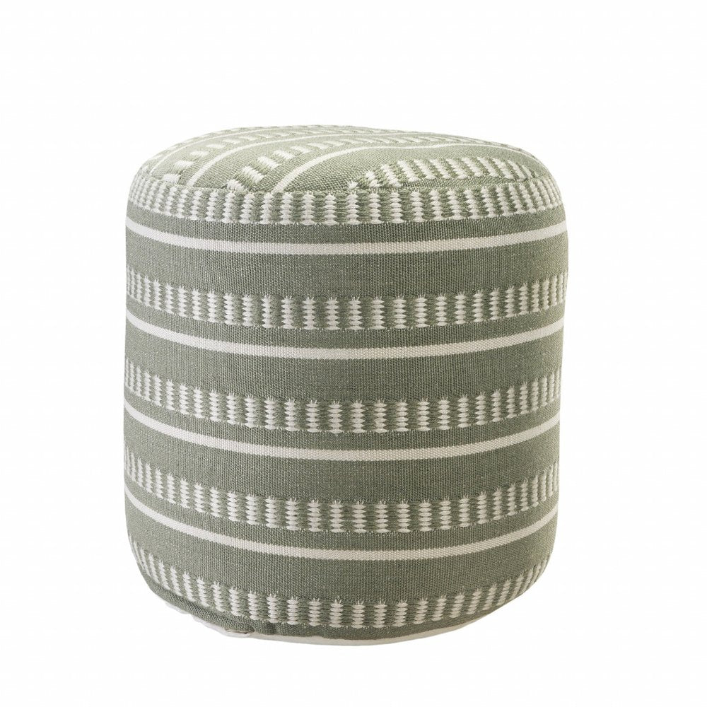 20" Green Polyester Round Striped Indoor Outdoor Pouf Ottoman. Outdoor ottoman isolated on a plain white background, in a green fabric finish.
