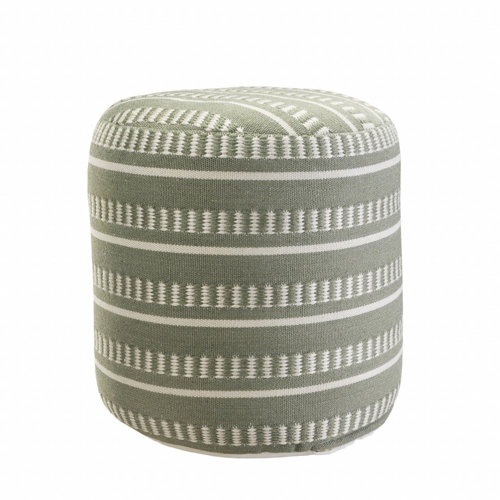 20" Green Polyester Round Striped Indoor Outdoor Pouf Ottoman. Outdoor ottoman isolated on a plain white background, finished in green fabric.