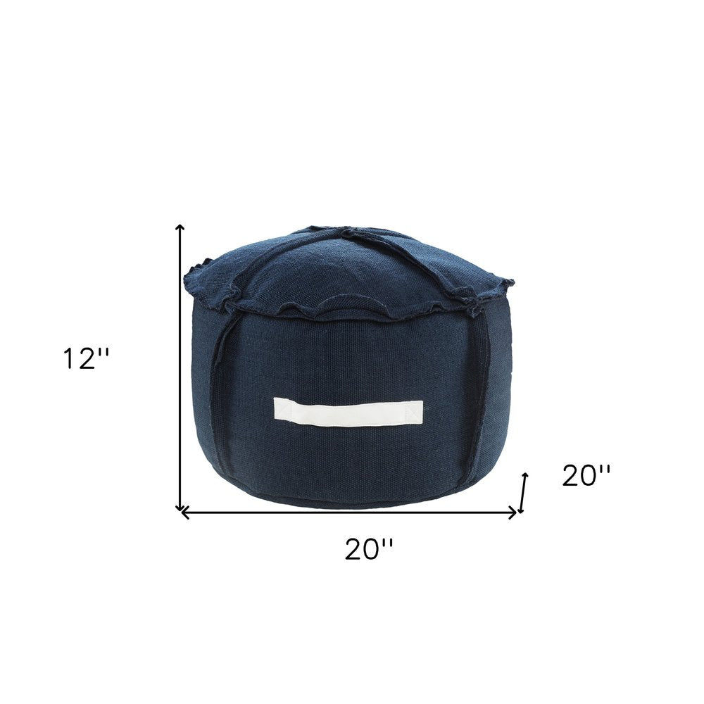 20" Blue Polyester Round Patchwork Indoor Outdoor Pouf Ottoman. Outdoor ottoman isolated on a plain white background, showing a navy fabric surface.