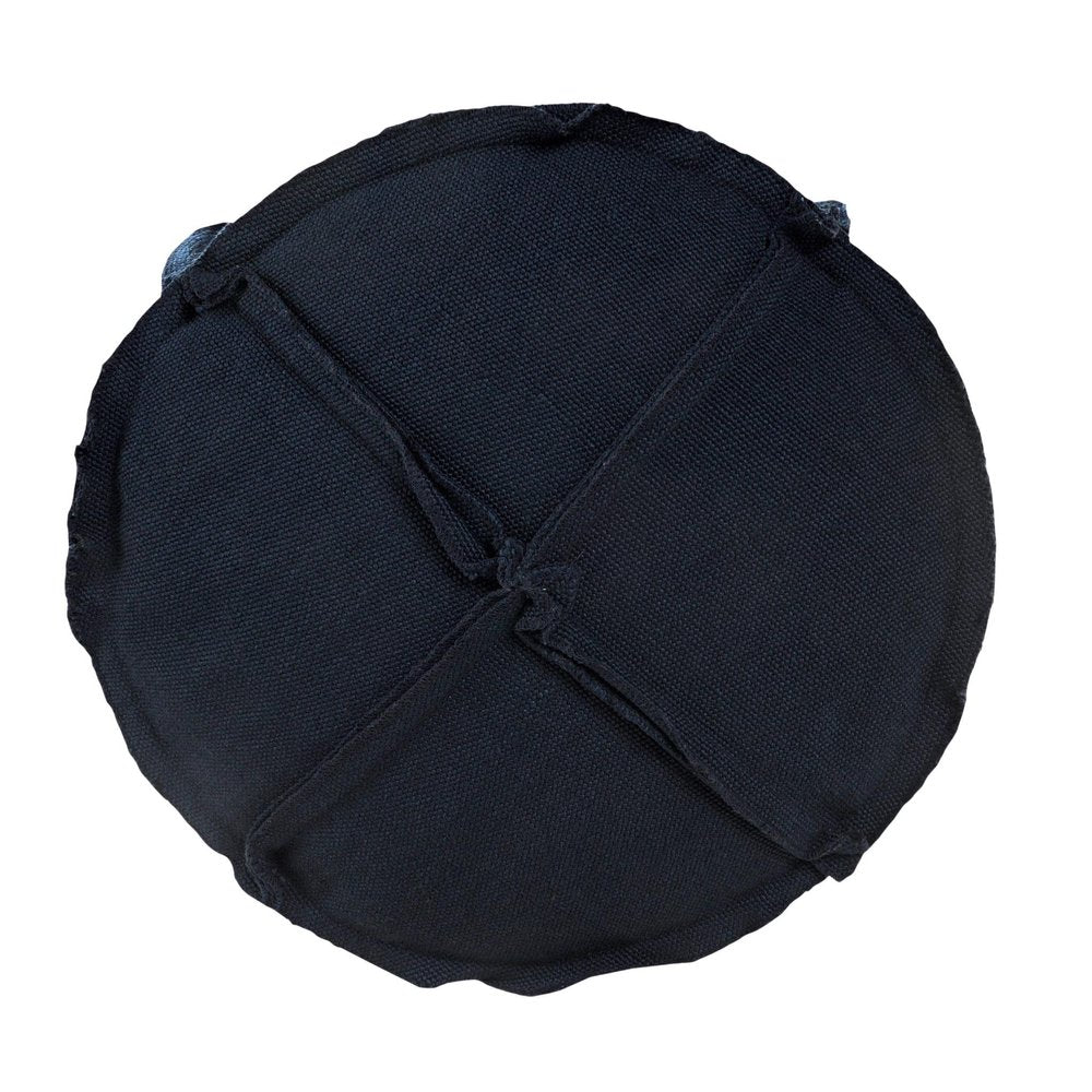 20" Blue Polyester Round Patchwork Indoor Outdoor Pouf Ottoman. Outdoor ottoman isolated on a plain white background, in a navy fabric finish.