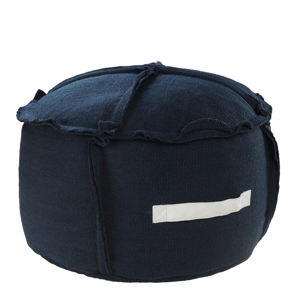 20" Blue Polyester Round Patchwork Indoor Outdoor Pouf Ottoman. Outdoor ottoman isolated on a plain white background, finished in navy fabric.