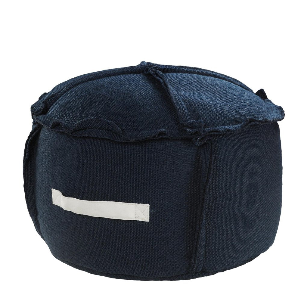 20" Blue Polyester Round Patchwork Indoor Outdoor Pouf Ottoman. Outdoor ottoman isolated on a plain white background, in a navy fabric finish.