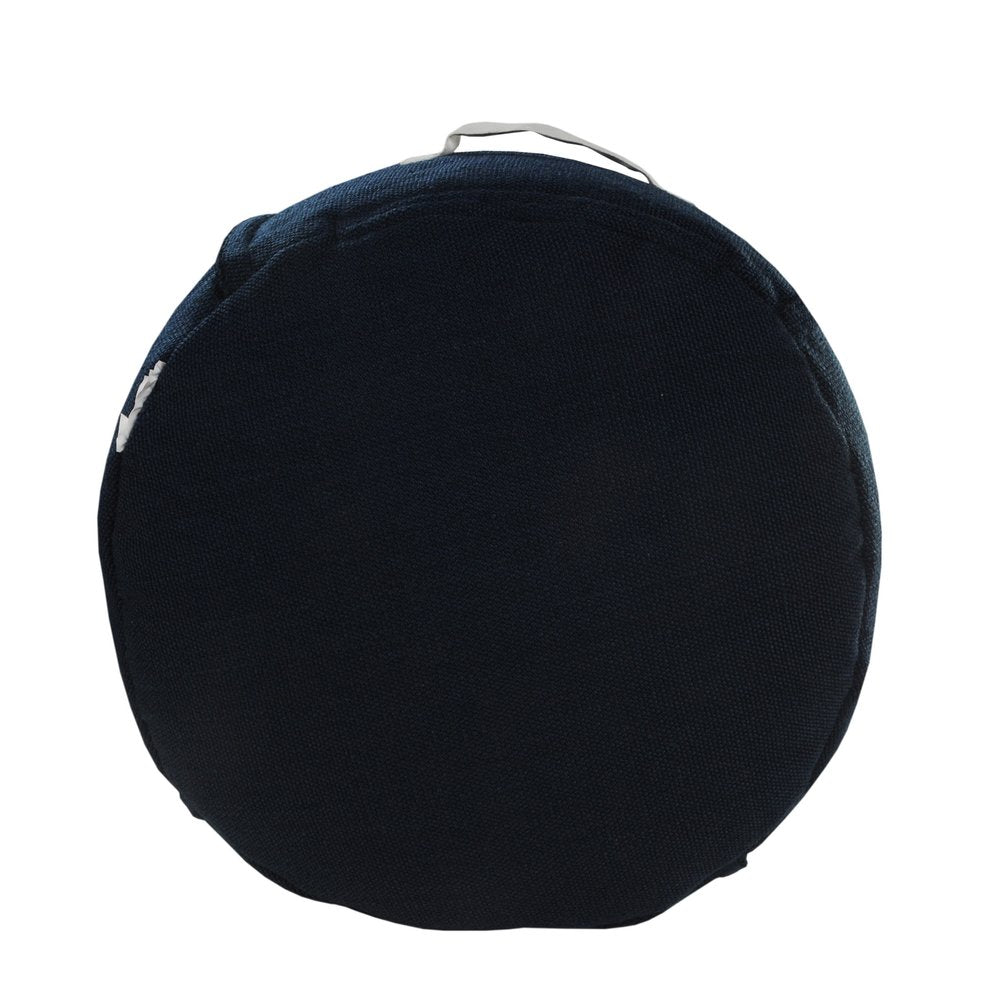 20" Blue Polyester Round Patchwork Indoor Outdoor Pouf Ottoman. Outdoor ottoman isolated on a plain white background, finished in navy fabric.