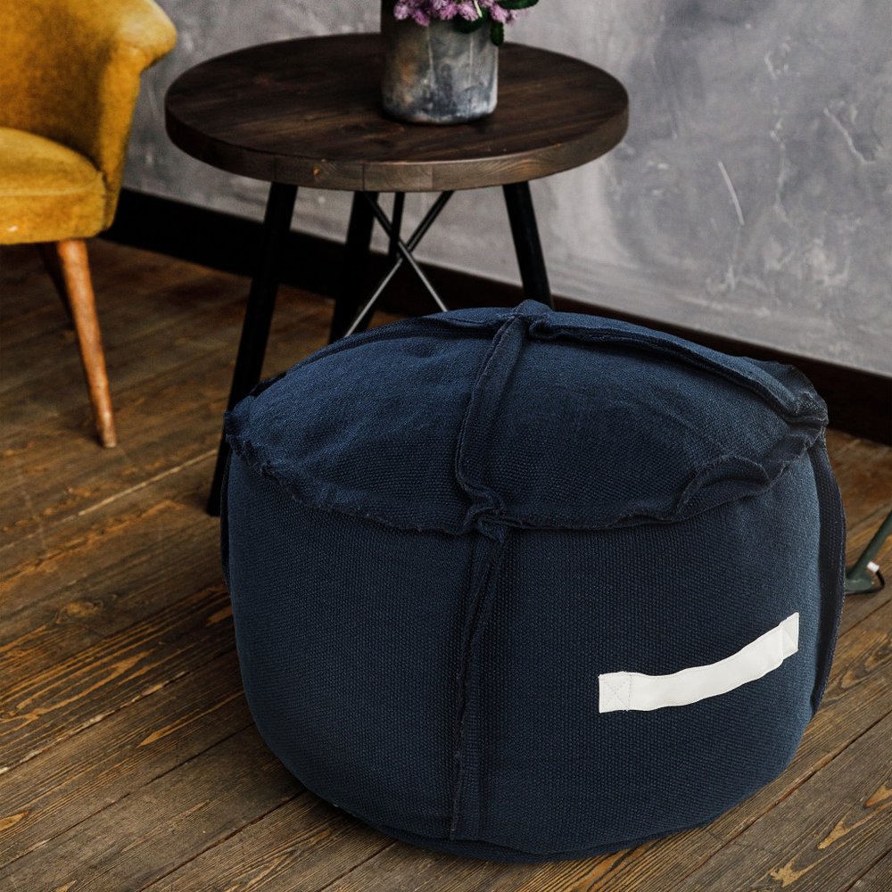 20" Blue Polyester Round Patchwork Indoor Outdoor Pouf Ottoman.