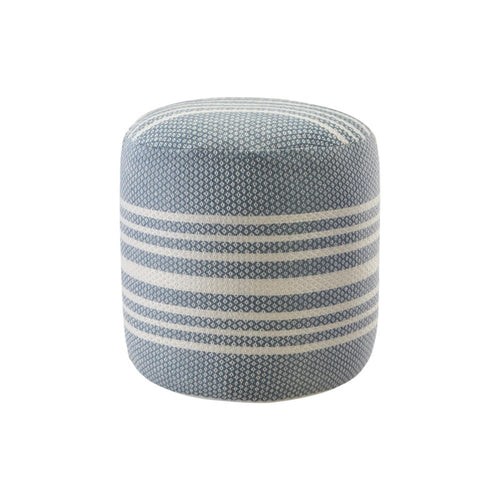 Blue and white striped round pouf ottoman made of polyester, shown against a white background.
