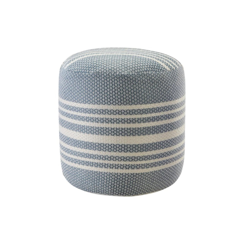 20" Blue Polyester Round Striped Indoor Outdoor Pouf Ottoman. Outdoor ottoman isolated on a plain white background, showing a blue fabric surface.