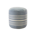 20" Blue Polyester Round Striped Indoor Outdoor Pouf Ottoman. Outdoor ottoman isolated on a plain white background, showing a blue fabric surface.
