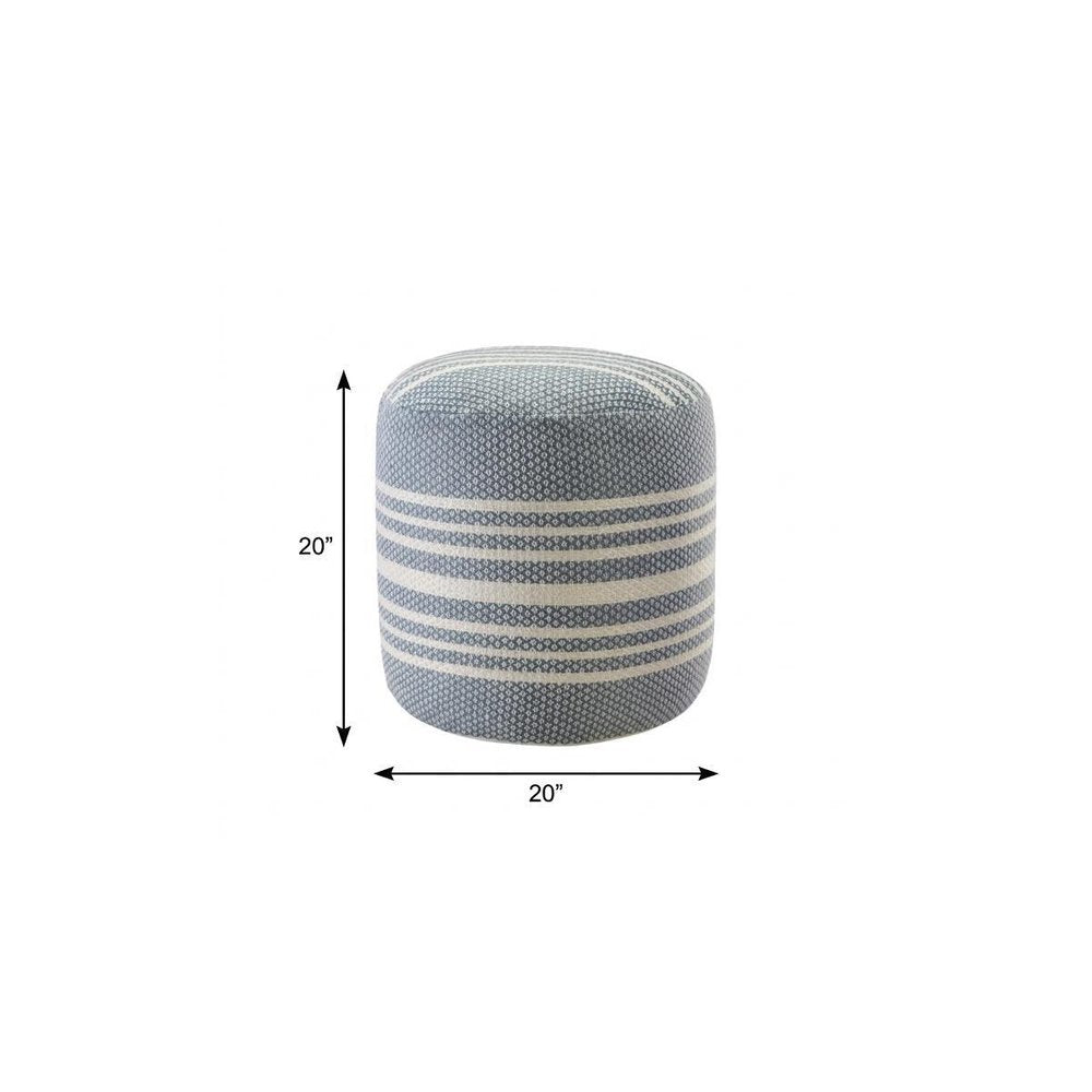 20" Blue Polyester Round Striped Indoor Outdoor Pouf Ottoman. Outdoor ottoman isolated on a plain white background, in a white fabric finish.