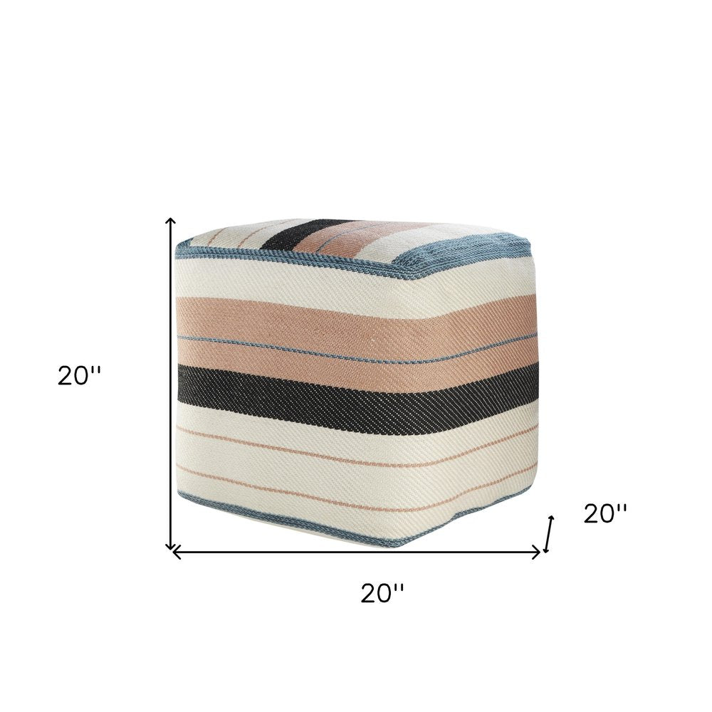 20" White Polyester Striped Indoor Outdoor Pouf Ottoman. Outdoor ottoman isolated on a plain white background, finished in white fabric.